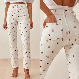 NWT Reformation Cynthia Fruitloops Embroidered High Rise Straight Jeans 26